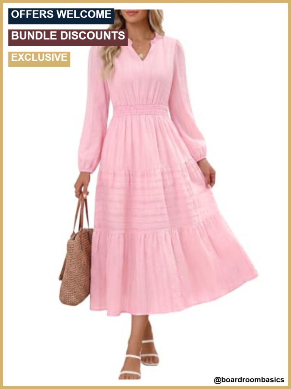 Cotton Midi Dress Long Sleeve V-Neck Pockets Formal Wedding Guest